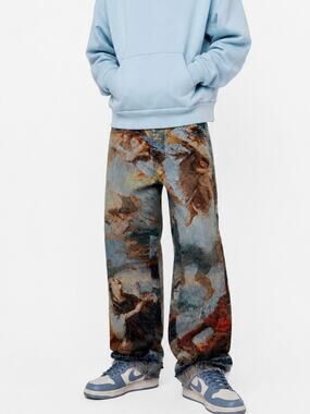 MNML Ultra Baggy Angel Denim Jeans Renaissance-Inspired All Over Print Size 36